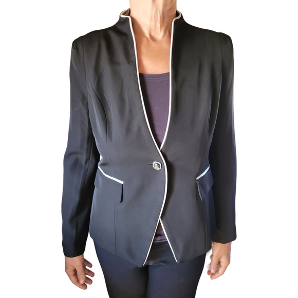 NWT Mfrannie Black White Trim Blazer Women Medium Tailored One Button Career NWT - Picture 1 of 10